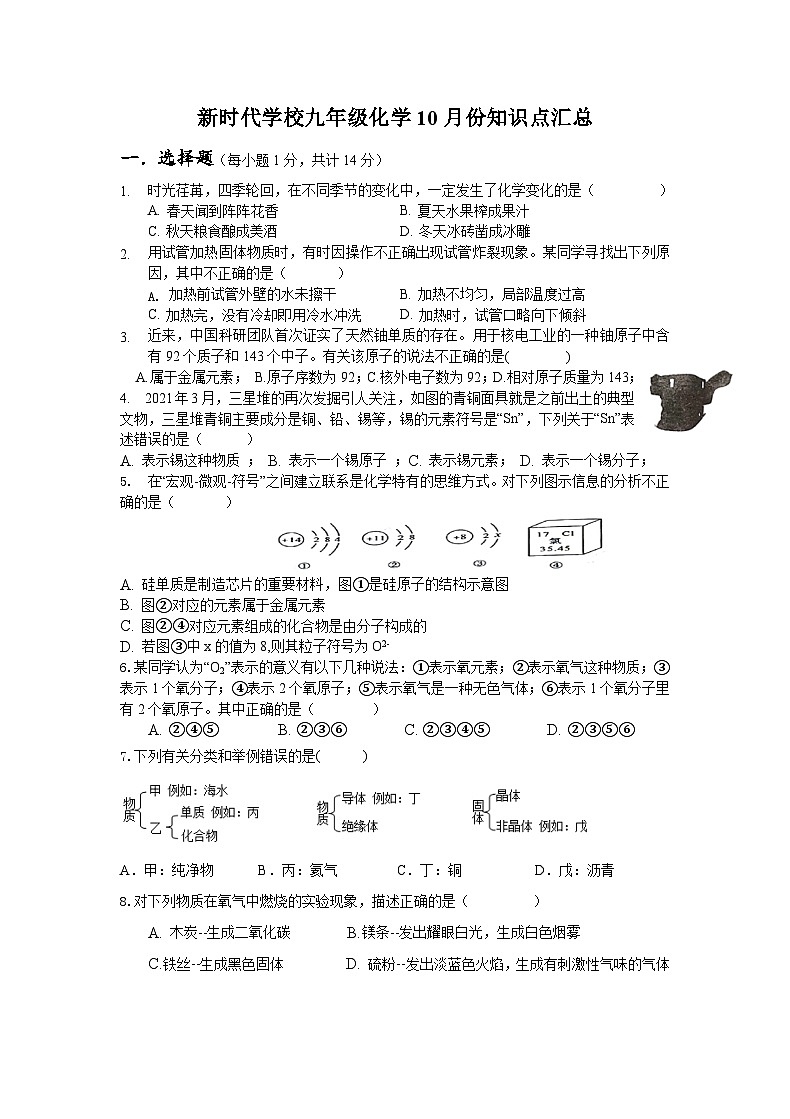 河南省新乡市新乡县新时代学校2023-2024学年九年级上学期10月月考化学试题第1页