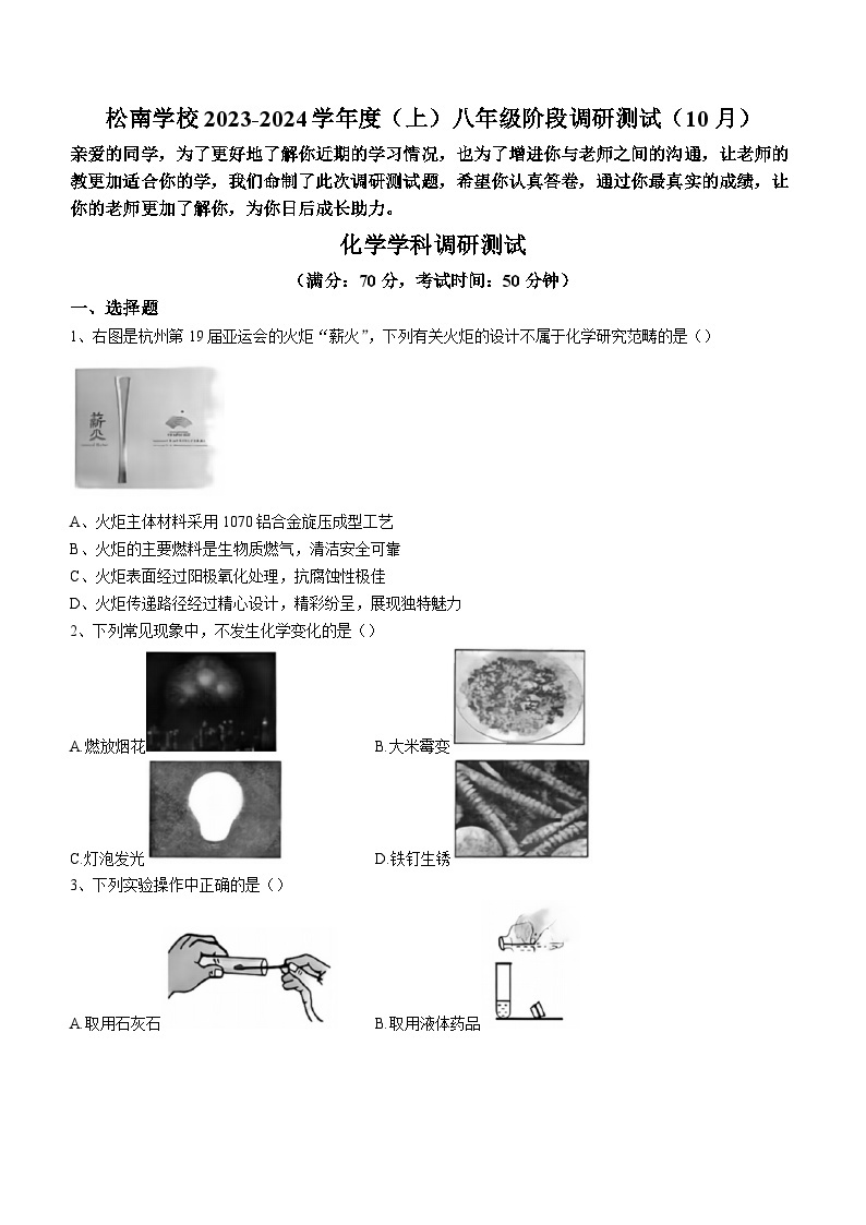 黑龙江省哈尔滨市道里区松南学校2023-2024学年八年级上学期10月考化学试题01