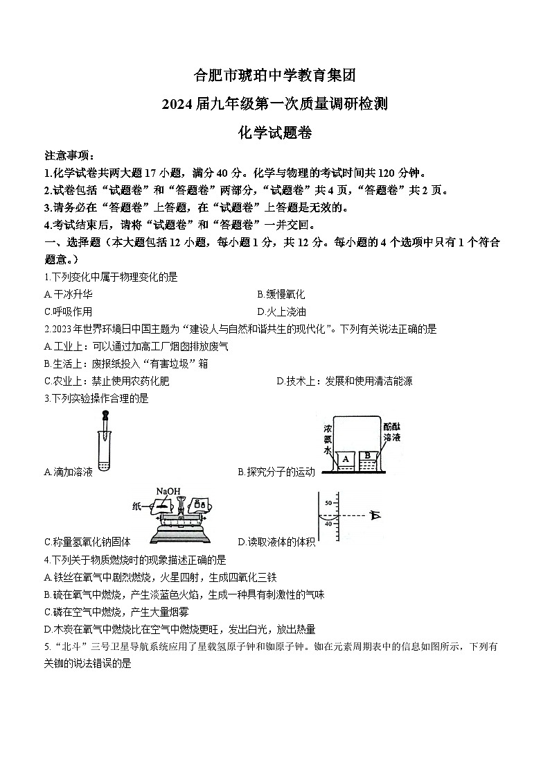 安徽省合肥市蜀山区琥珀中学2023-2024学年九年级上学期10月月考化学试题01