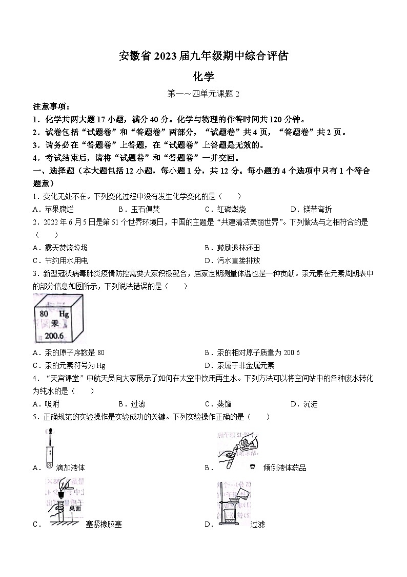 安徽省安庆市桐城市大关初级中学2022-2023学年九年级上学期期中化学试题第1页