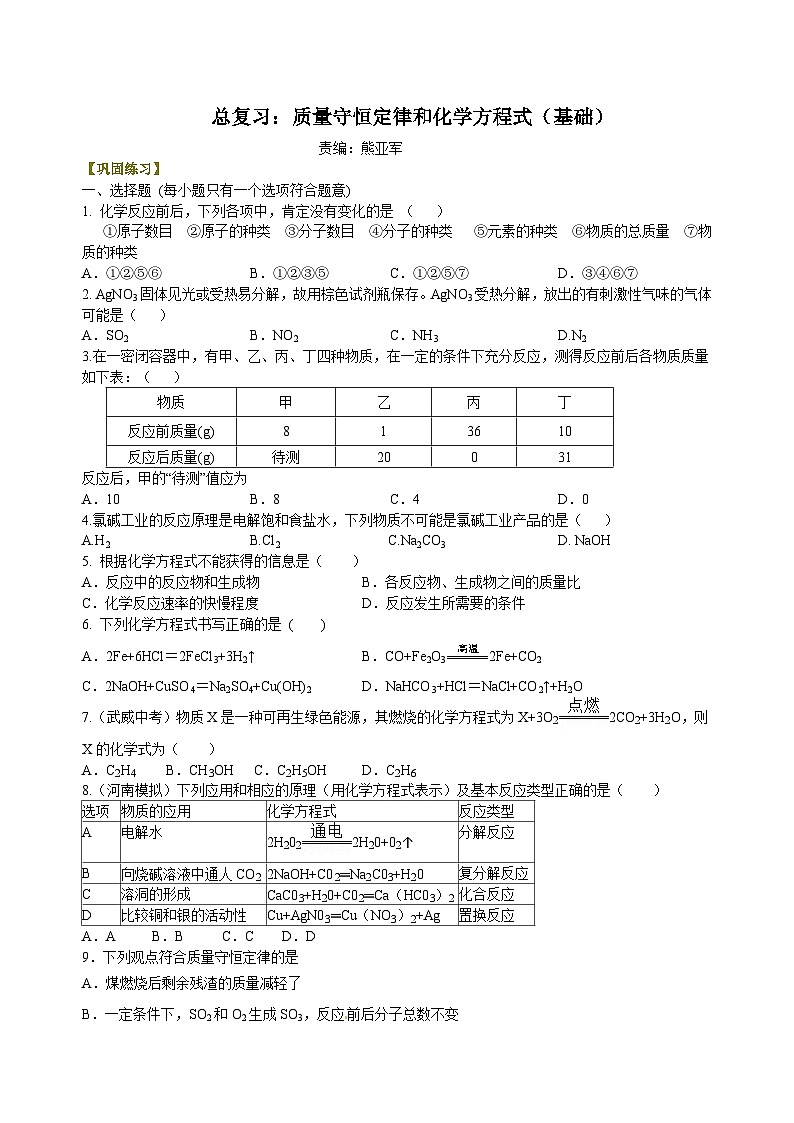 中考化学一轮复习：质量守恒定律和化学方程式（基础） 巩固练习（含解析）第1页