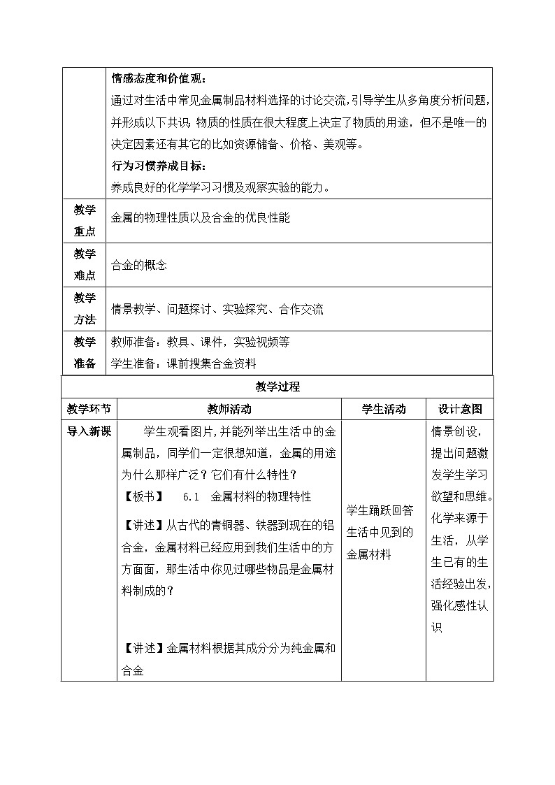 【核心素养目标】粤教版初中化学九年级下册6.1 《 金属材料的物理特性》教学设计第2页