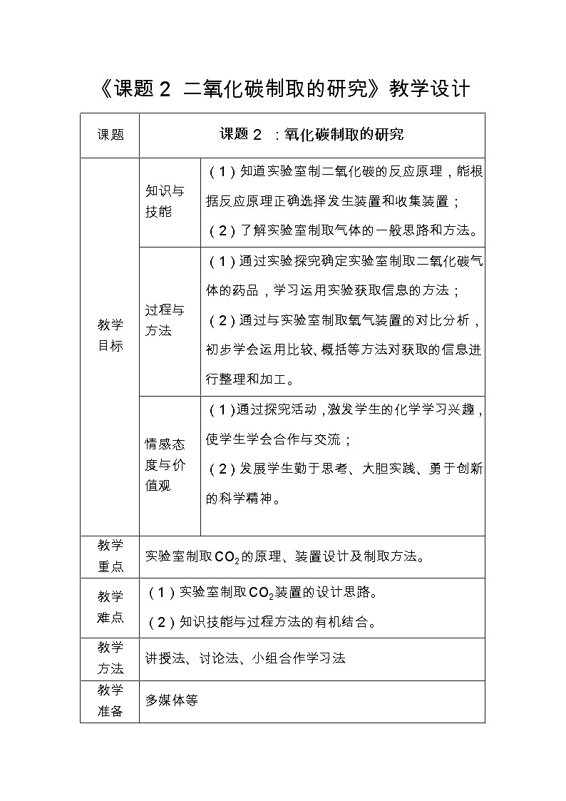《课题2 二氧化碳制取的研究》教学设计2-八年级全册五四制化学人教版第1页