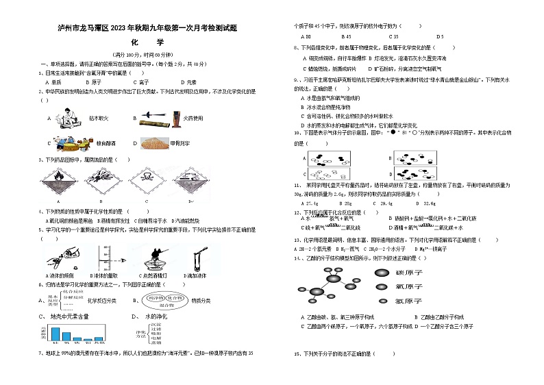 四川省泸州市龙马潭区多校联考2023-2024学年九年级上学期10月月考化学试题第1页