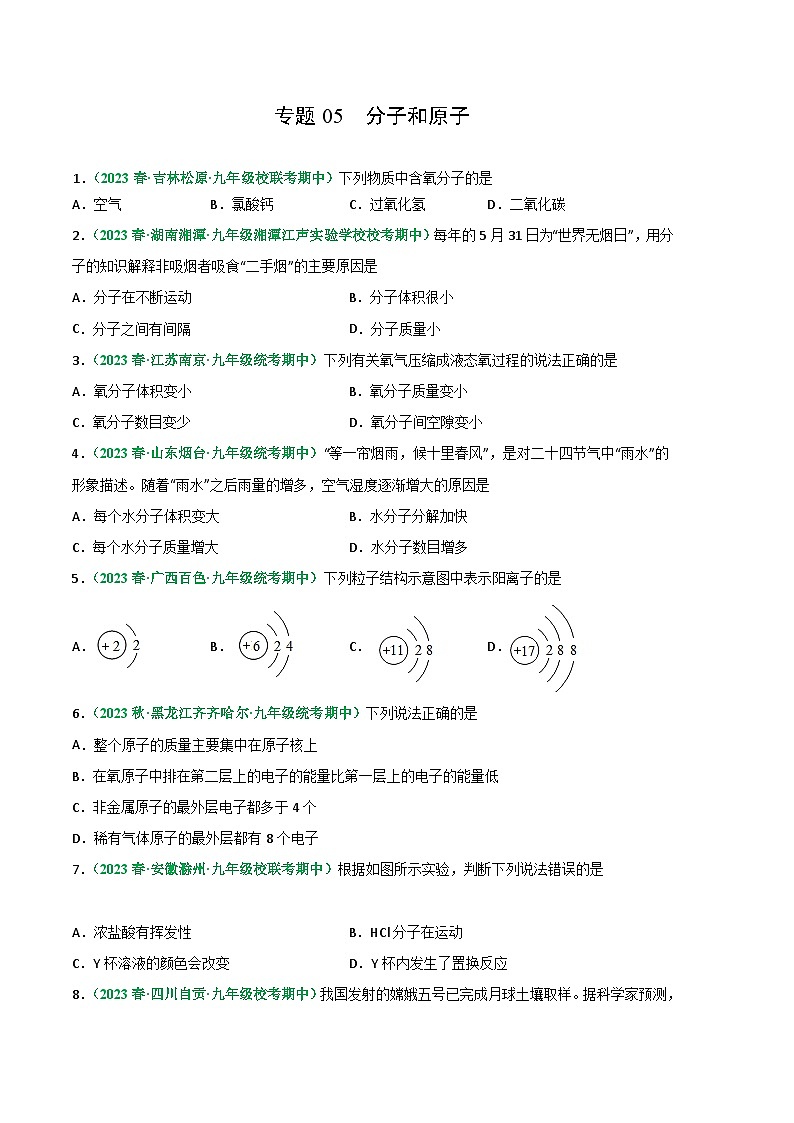 【期中真题】（人教版）2023-2024学年九年级化学上册 期中真题分类专题汇编 专题05 分子和原子-试卷.zip01