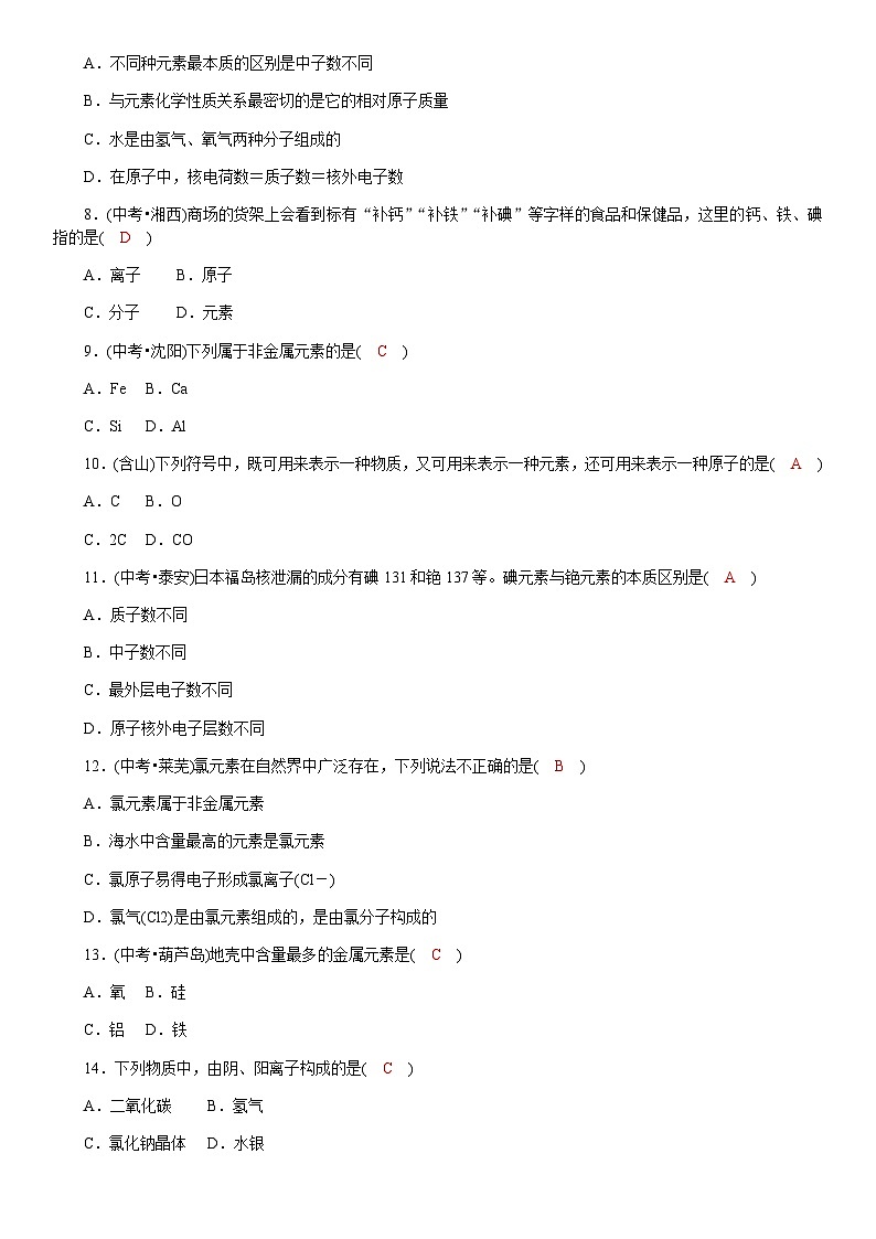 九年级上册（人教版）化学同步检测卷：3.3元素（课时1）02