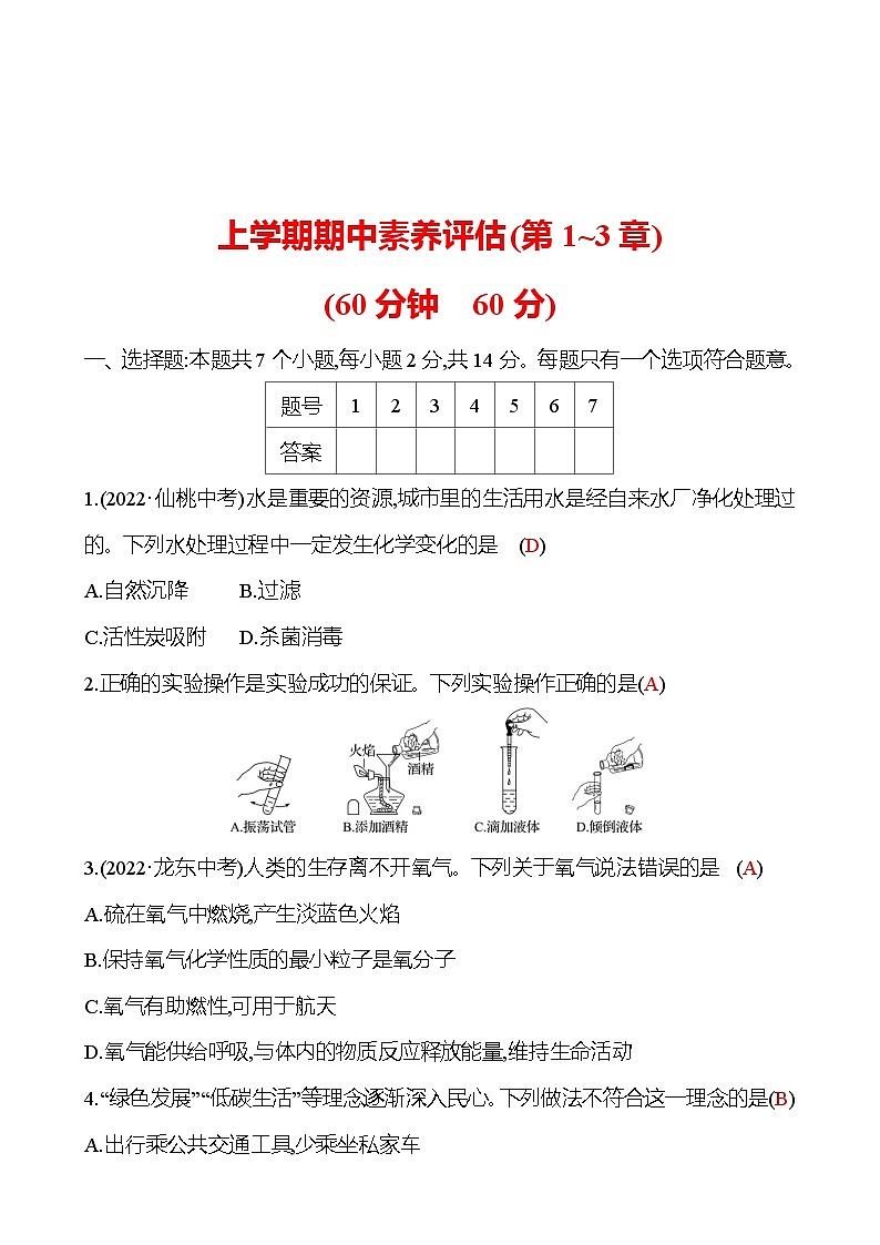 上学期期中素养评估(第1~3章) 试卷（教师版） 2023-2024 沪教版 化学 九年级上册第1页