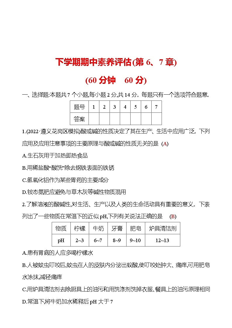 下学期期中素养评估(第6、7章) 试卷（教师版） 2023-2024 沪教版 化学 九年级下册第1页