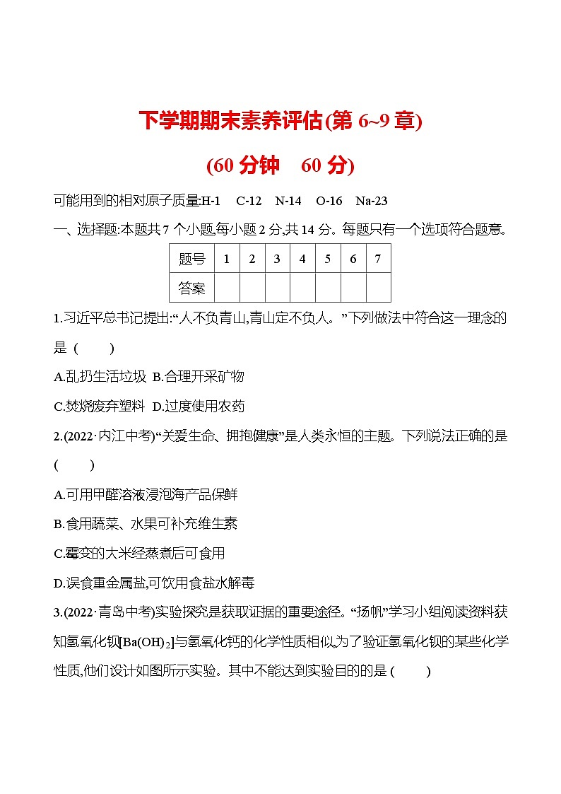 下学期期末素养评估(第6~9章) 试卷（学生版） 2023-2024 沪教版 化学 九年级下册第1页