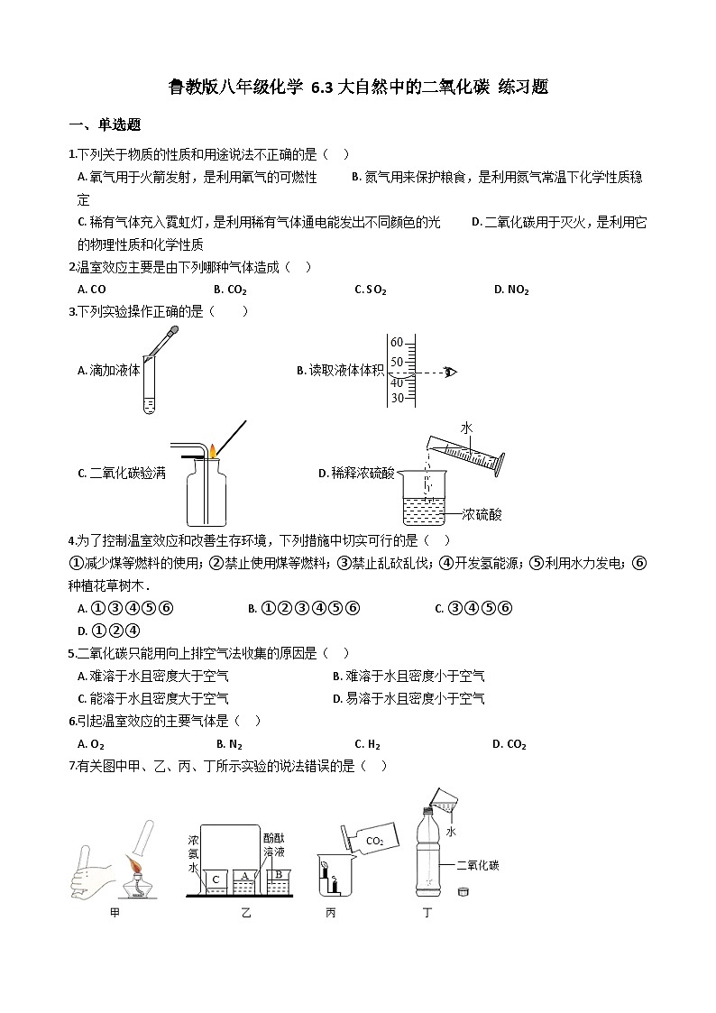 鲁教版八年级化学 6.3大自然中的二氧化碳 练习题01