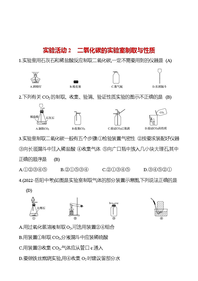 实验活动2　二氧化碳的实验室制取与性质 试卷2023-2024人教版 九年级化学01