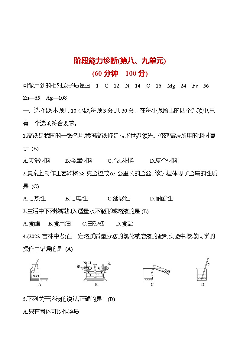 阶段能力诊断(第八、九单元) 试卷2023-2024人教版 九年级化学01