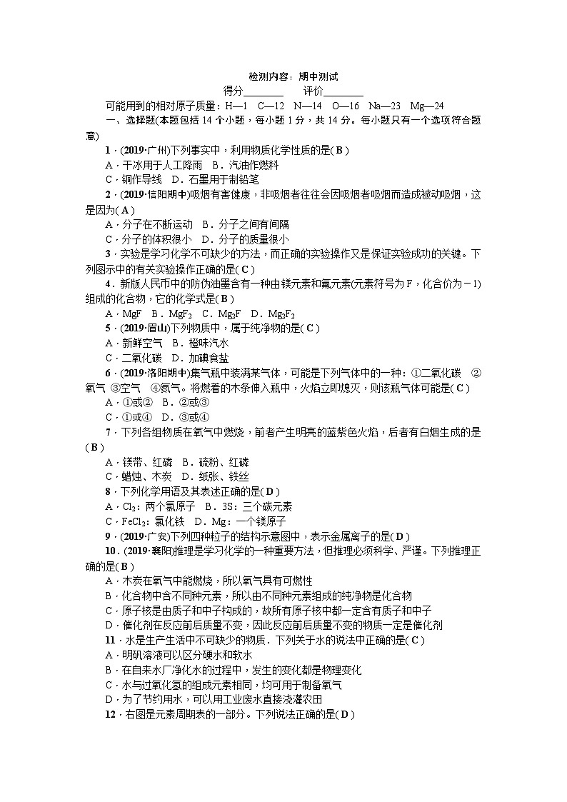 人教版化学（河南）九年级上册同步测试：期中测试01
