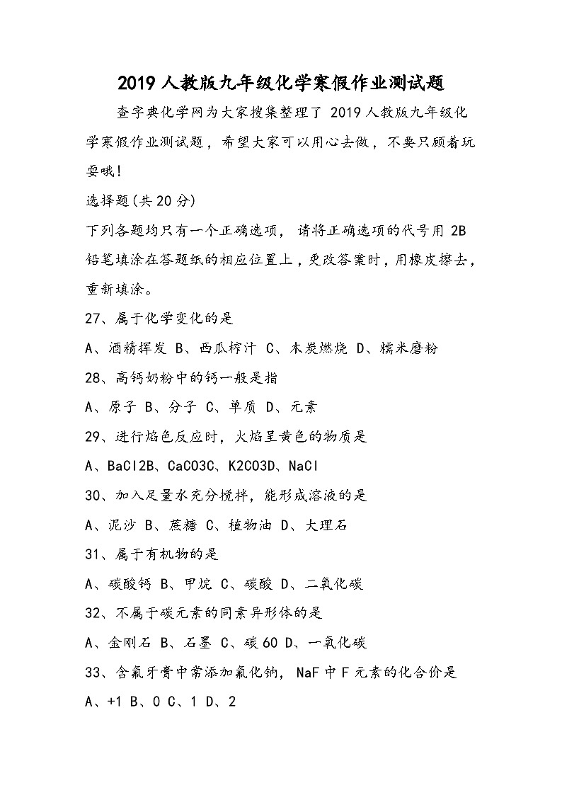 人教版九年级化学寒假作业测试题第1页