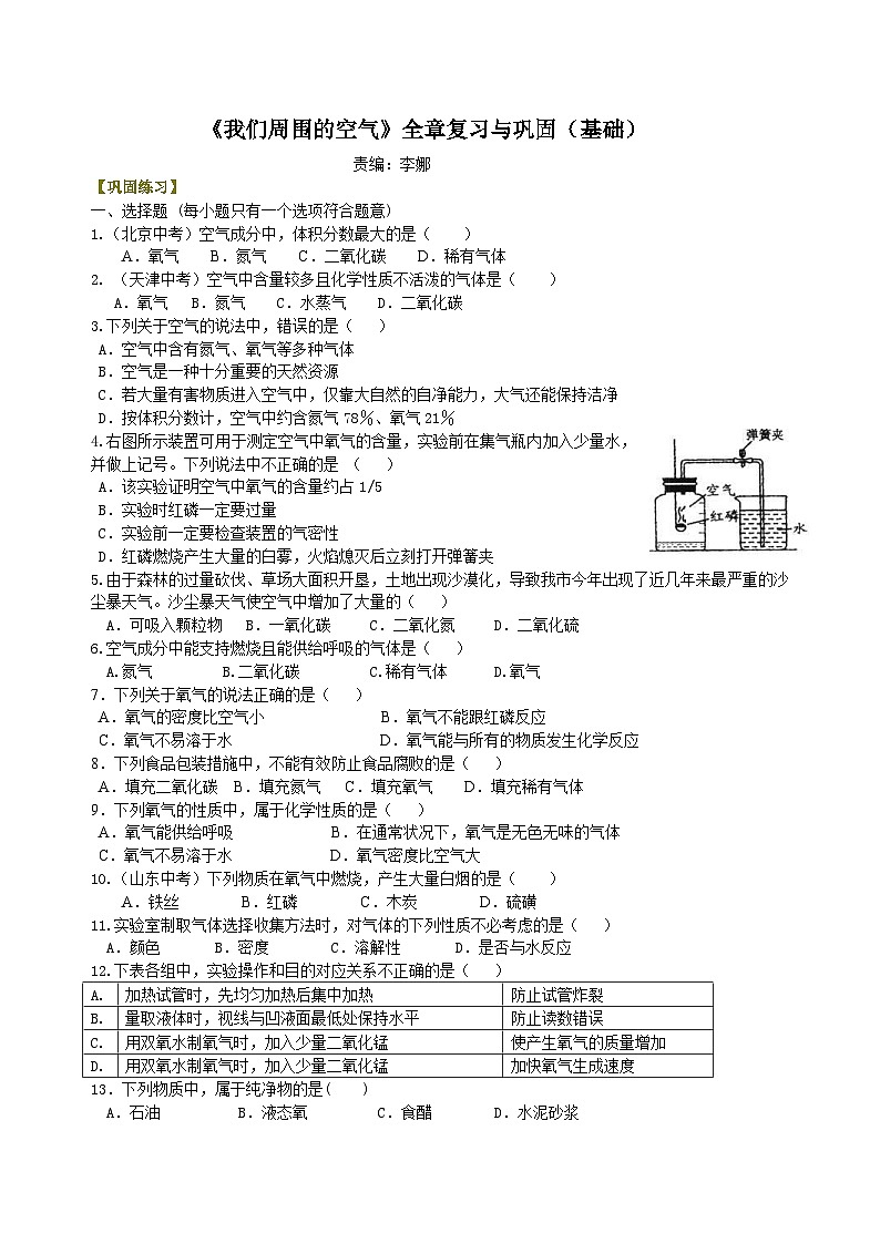 人教版化学九年级上册同步精品讲义《我们周围的空气》全章复习与巩固练习（基础） 巩固（含解析）01