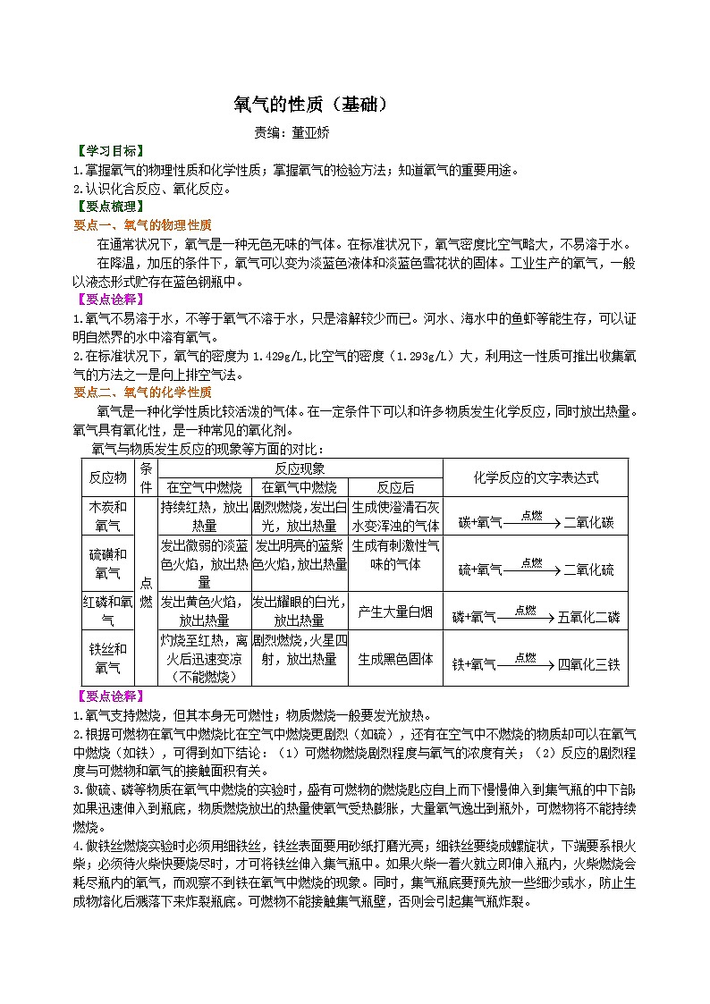 人教版化学九年级上册同步精品讲义氧气的性质（基础） 知识讲解01