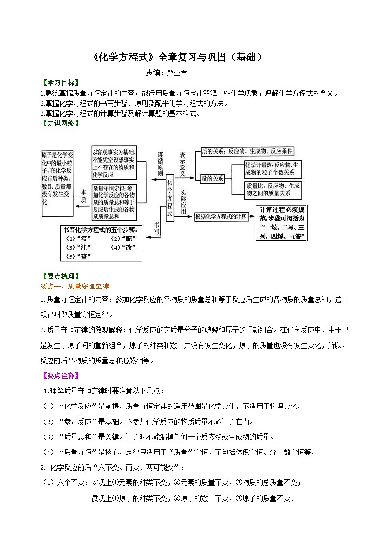 人教版化学九年级上册同步精品讲义《化学方程式》全章复习与巩固练习（基础） 知识讲解01
