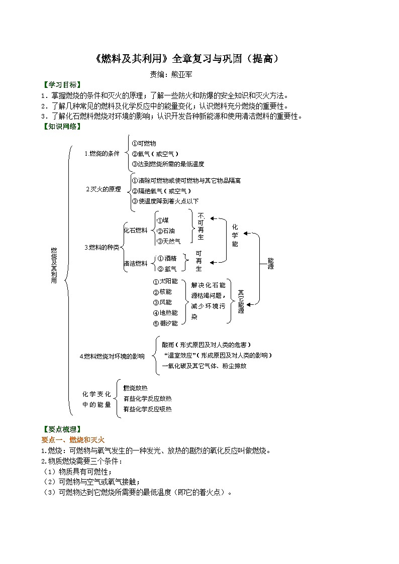 人教版化学九年级上册同步精品讲义《燃料及其利用》全章复习与巩固练习（提高） 知识讲解01
