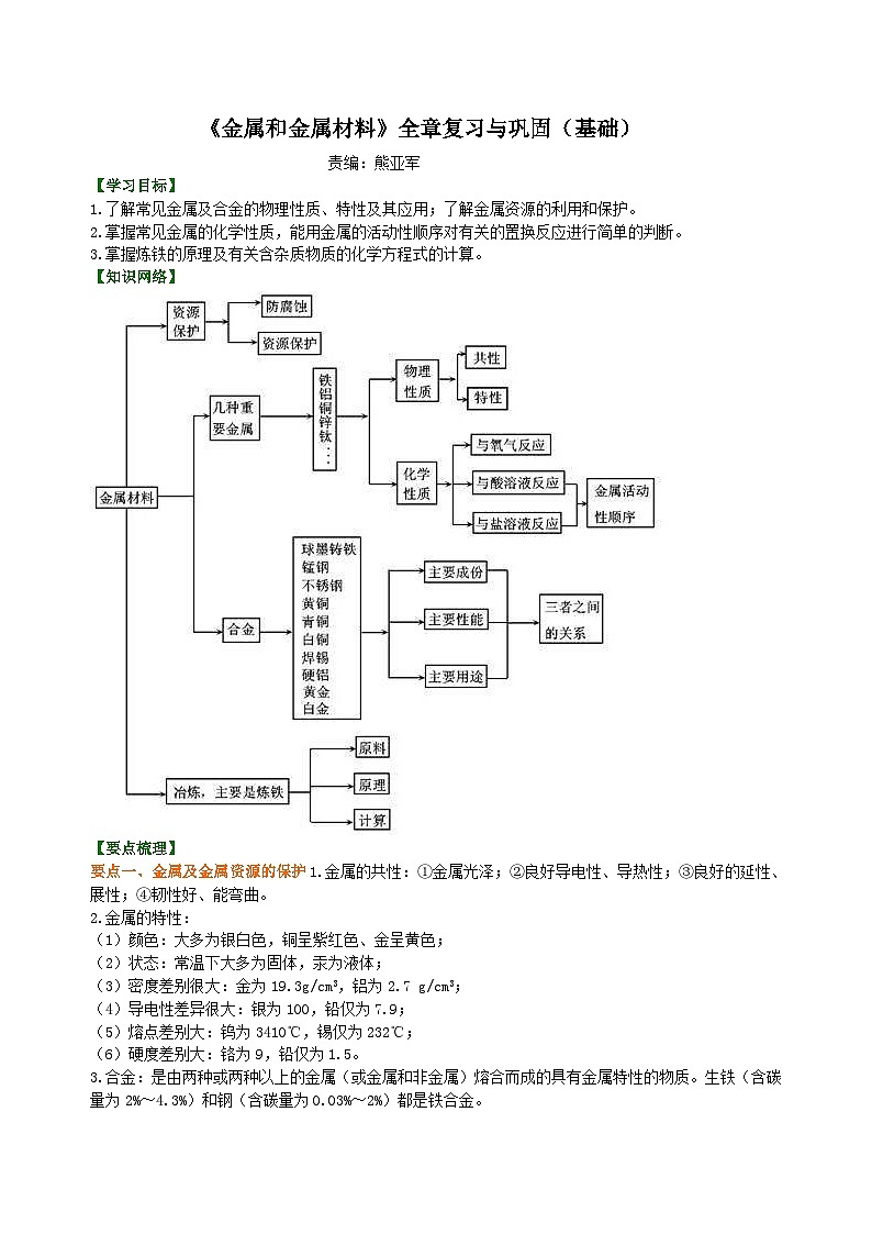 人教版化学九年级下册同步讲义《金属和金属材料》全章复习与巩固（基础）知识讲解01