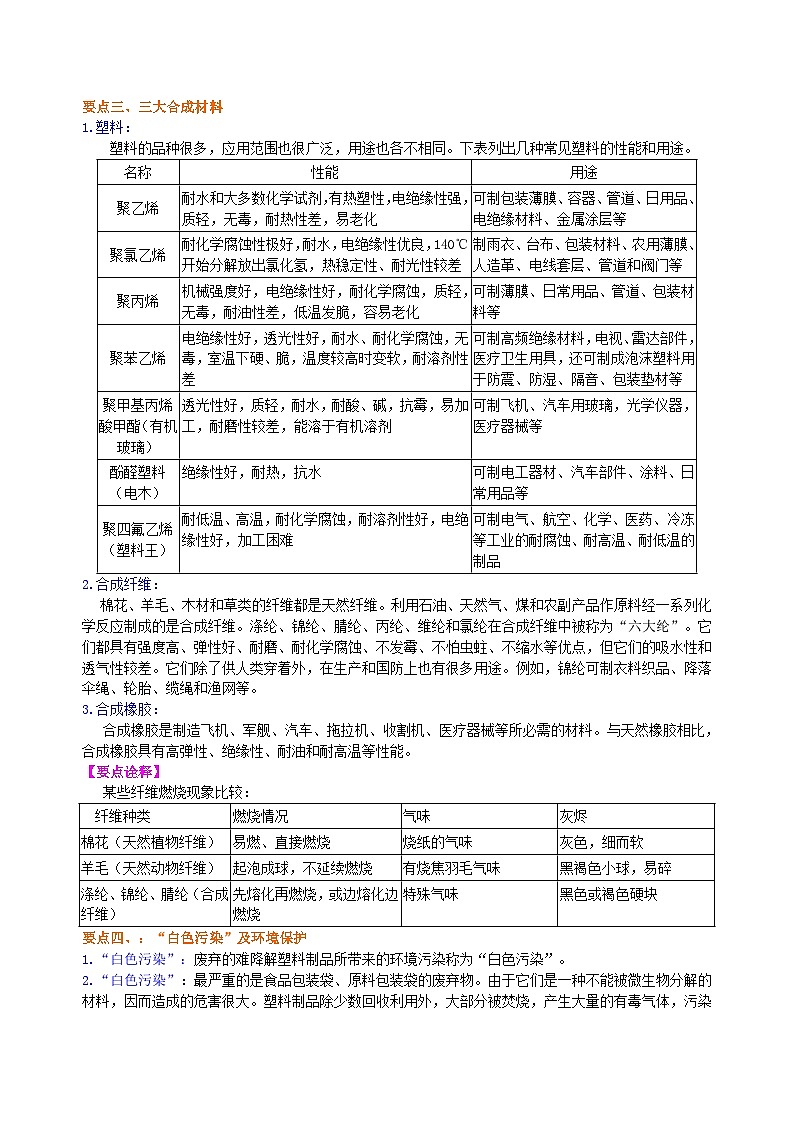 人教版化学九年级下册同步讲义有机合成材料 知识讲解02