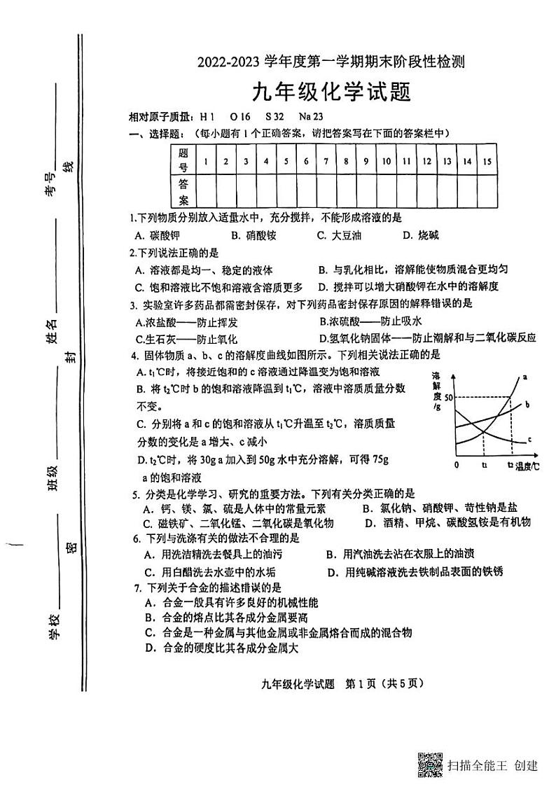 山东省淄博市高青县2022-2023学年九年级上学期期末考试化学试题01