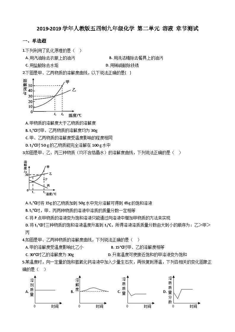 人教版五四制九年级化学 第二单元 溶液 章节测试第1页