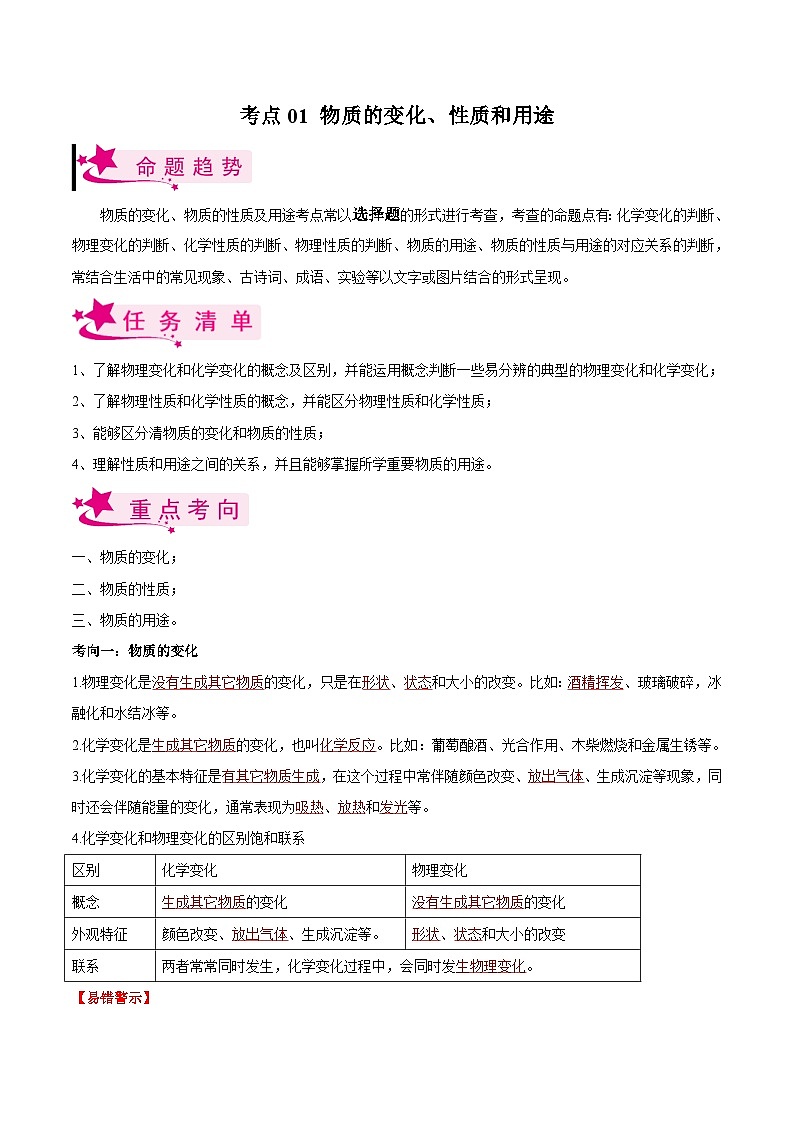 中考化学一轮复习知识梳理+巩固训练考点01 物质的变化、性质和用途（含解析）第1页
