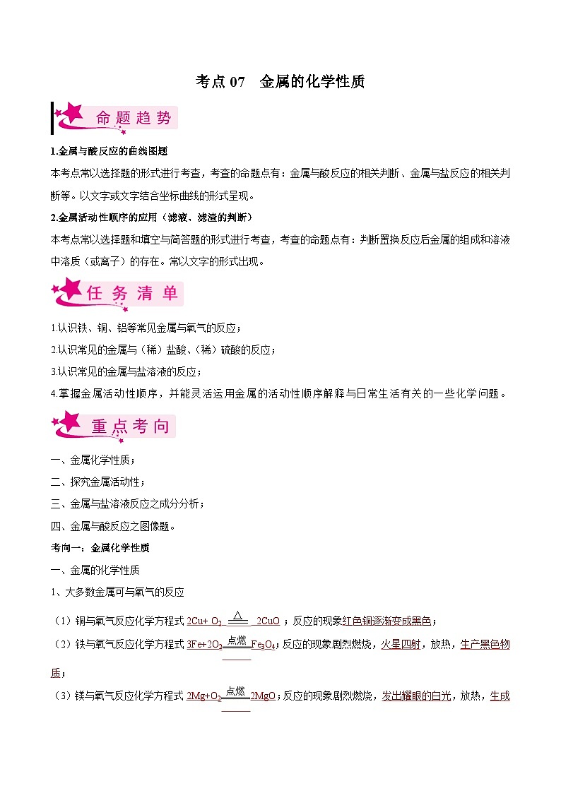 中考化学一轮复习知识梳理+巩固训练考点07 金属的化学性质（含解析）第1页
