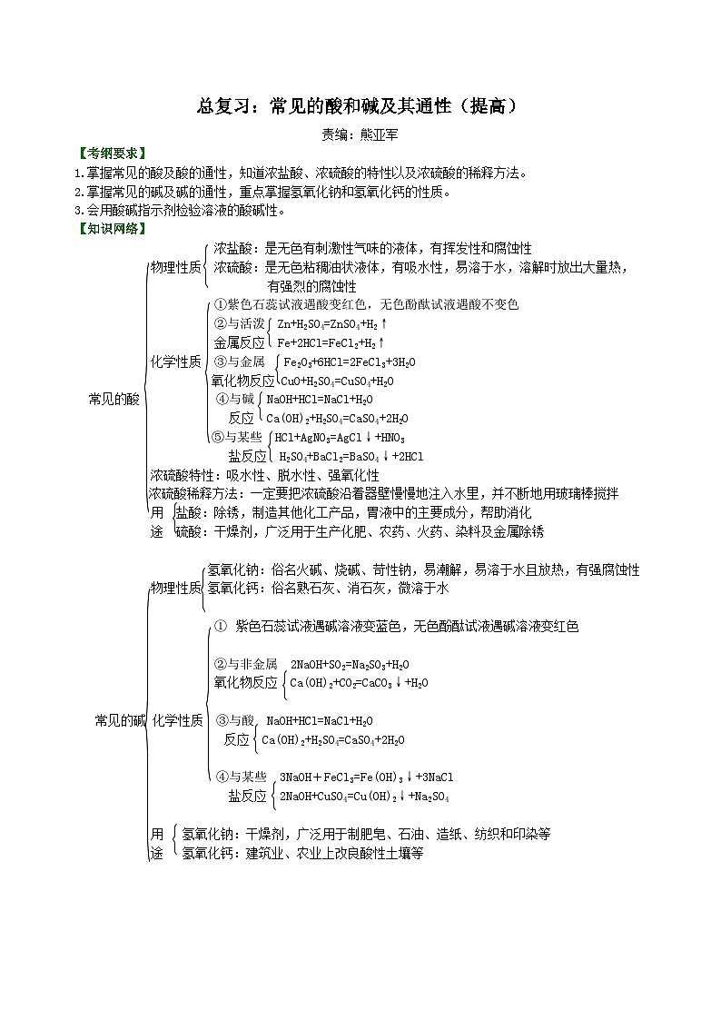中考化学一轮复习精品讲义：常见的酸和碱及其通性（提高） 知识讲解第1页