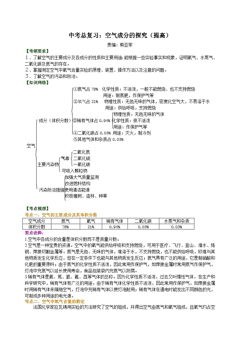 中考化学一轮复习精品讲义：空气成分的探究（提高） 知识讲解01
