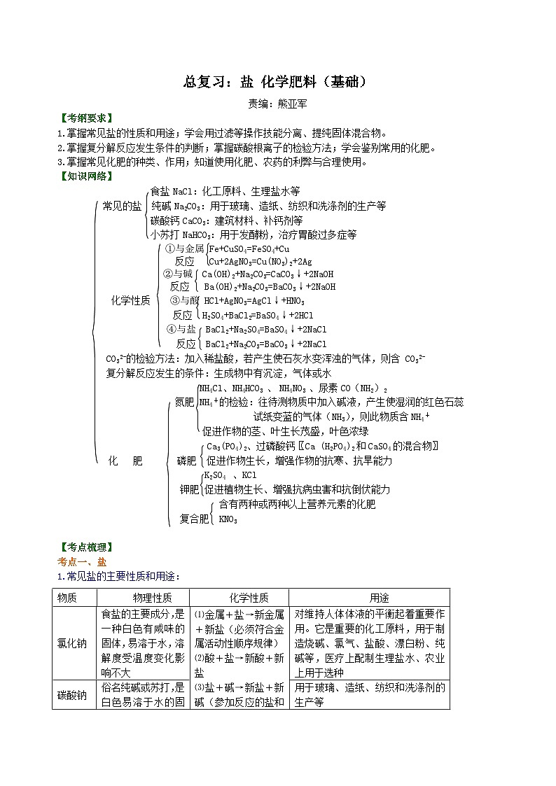 中考化学一轮复习精品讲义：盐 化学肥料（基础） 知识讲解01