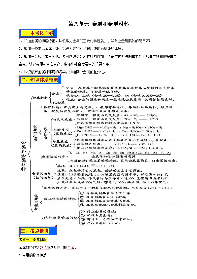 人教版中考化学一轮复习单元巩固精品讲义第八单元 金属和金属材料（含解析）第1页