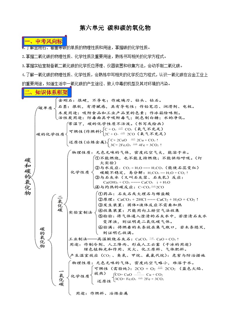 人教版中考化学一轮复习单元巩固精品讲义第六单元 碳和碳的氧化物（含解析）01