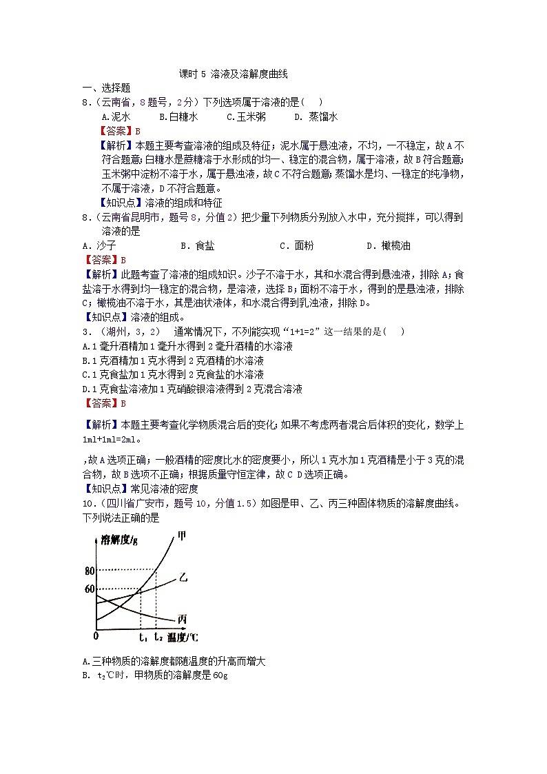 中考化学一二轮复习题 课时5 溶液及溶解度曲线01