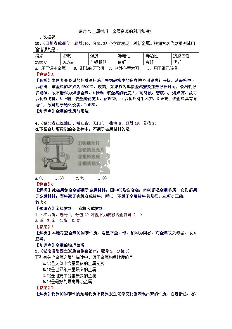 中考化学一二轮复习题 课时7 金属材料  金属资源的利用和保护01