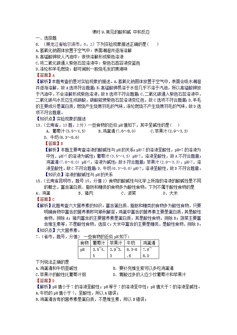 中考化学一二轮复习题 课时9 常见的酸和碱 中和反应第1页
