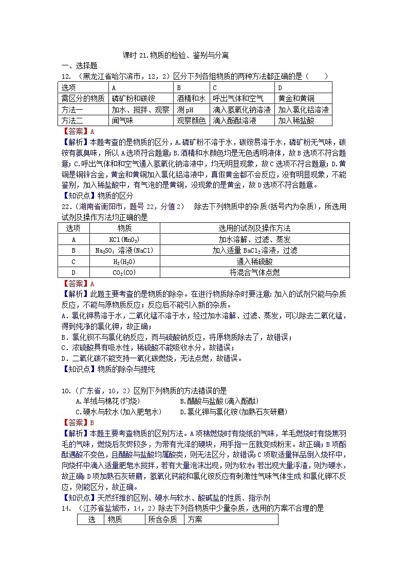 中考化学一二轮复习题 课时21 物质的检验、鉴别与分离第1页