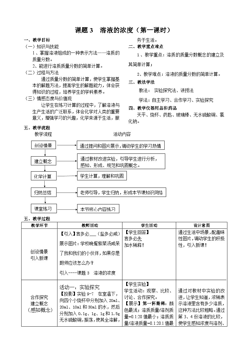 人教版化学九年级下册9.3《溶液的浓度》教学设计01