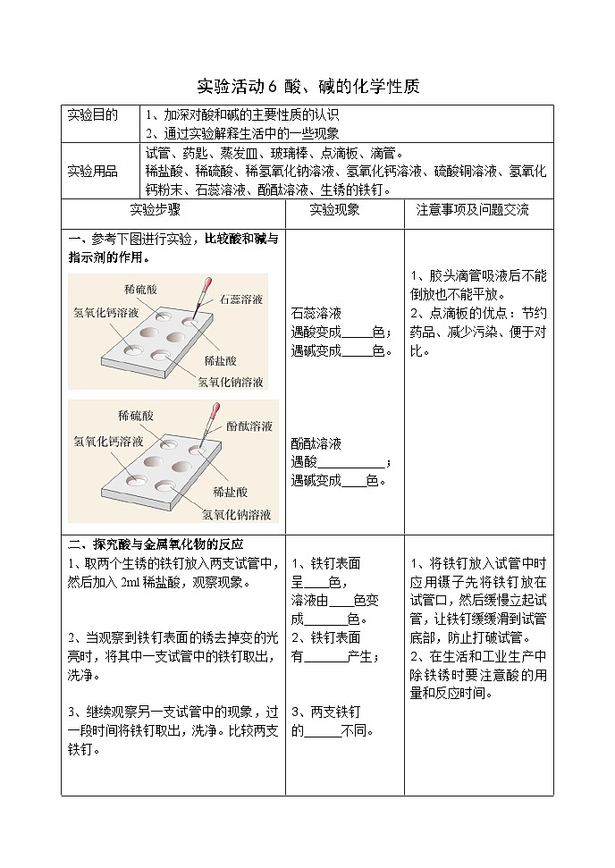 人教版化学九年级下册第10单元《实验活动6 酸、碱的化学性质》实验报告 教案01