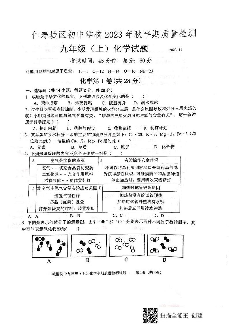 四川省眉山市仁寿县城区初中学校2023-2024学年九年级上学期期中质量监测化学试题第1页