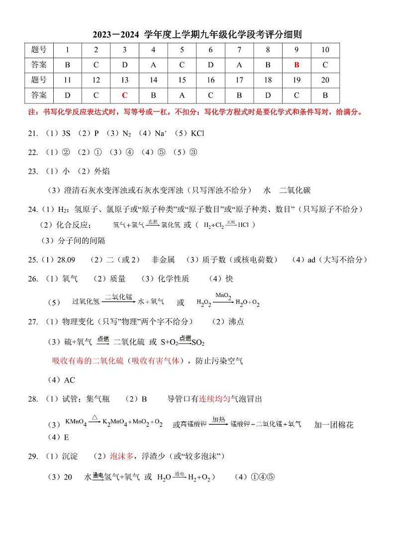 2023－2024 学年度上学期九年级化学段考评分细则第1页