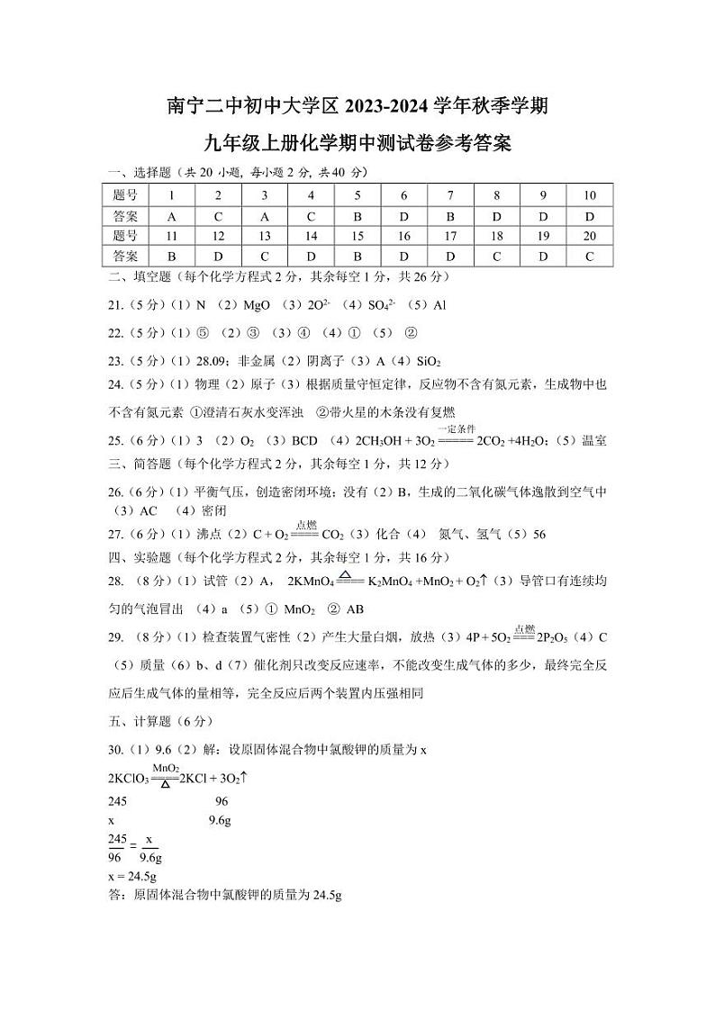 2023-2024年上学期南宁二中大学区初三化学试卷01