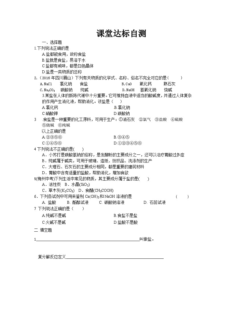 《课题1 生活中常见的盐》课堂达标练习题-九年级下册化学人教版01