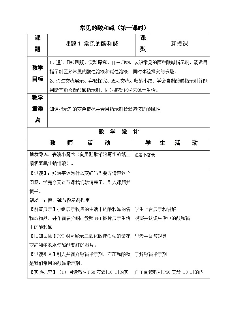 《酸、碱与指示剂作用》教案-九年级下册化学人教版01