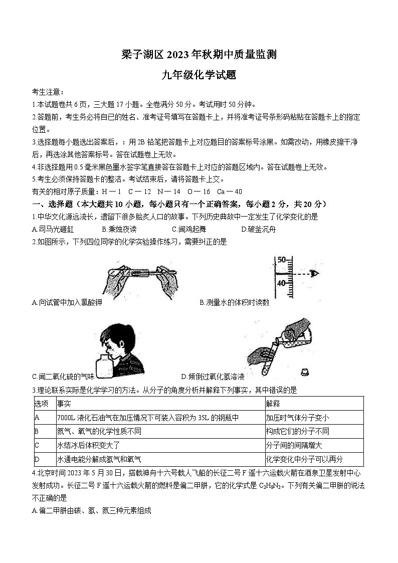 湖北省鄂州市梁子湖区2023-2024学年九年级上学期期中化学试题第1页