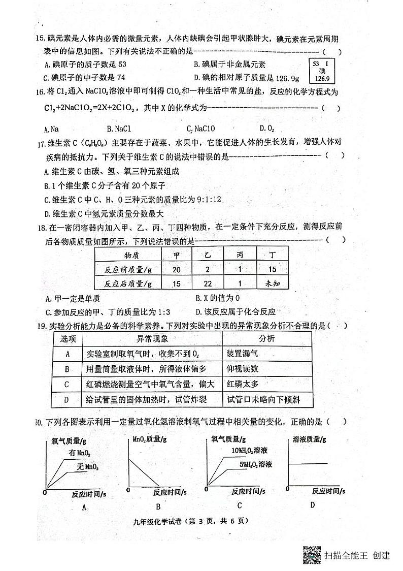 河北省唐山市丰润区2023-2024学年九年级上学期期中考试化学试卷第3页