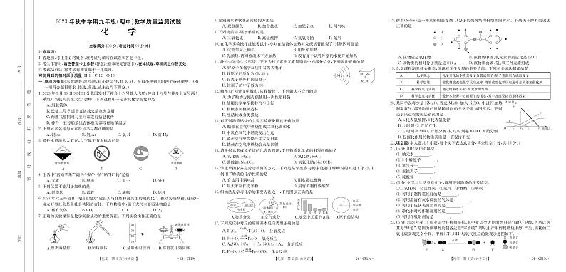 广西柳州市柳城县2023-2024学年九年级上学期期中教学质量监测化学试题第1页