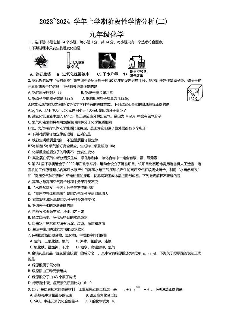 河南省安阳市第十中学2023-2024学年九年级上学期期中化学试题第1页