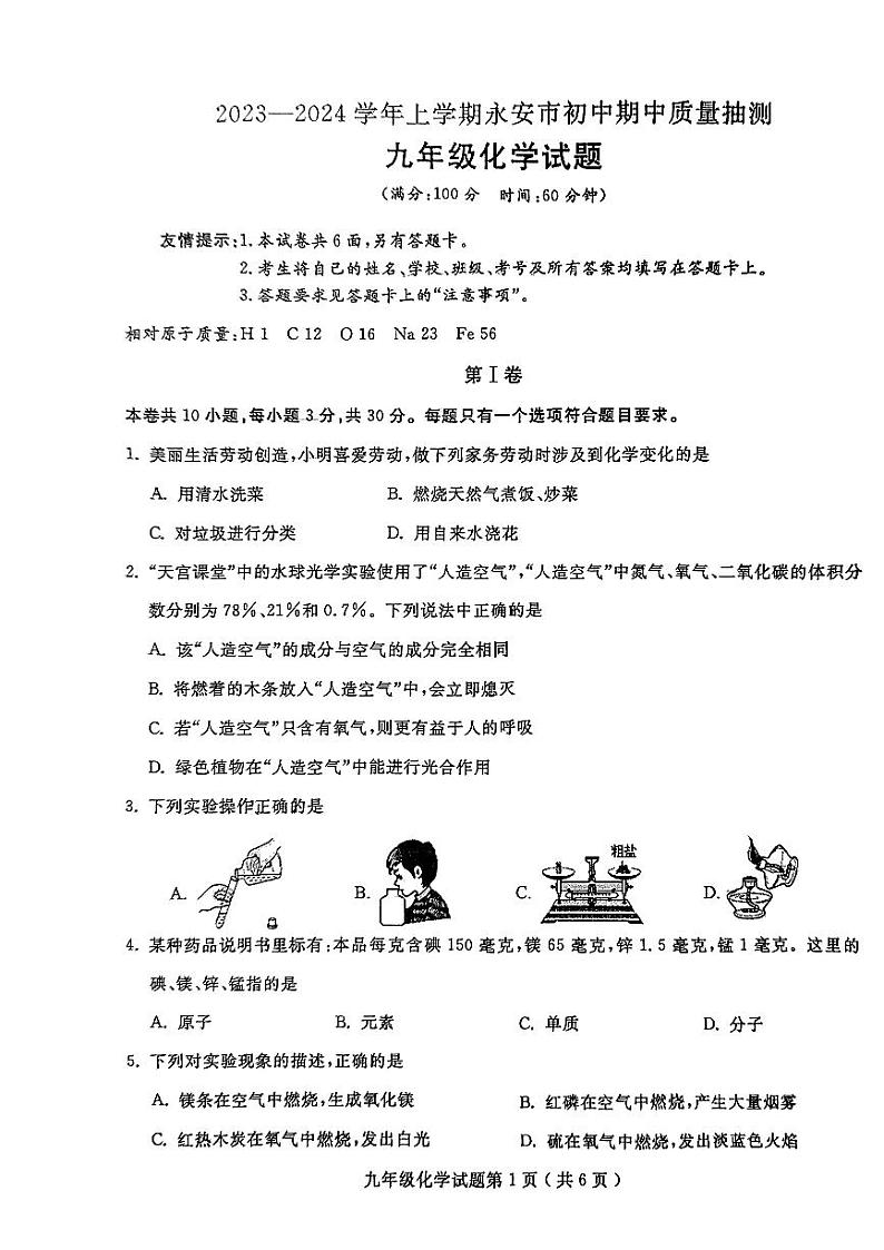 福建省三明市永安市2023-2024学年九年级上学期11月期中考试化学试题01
