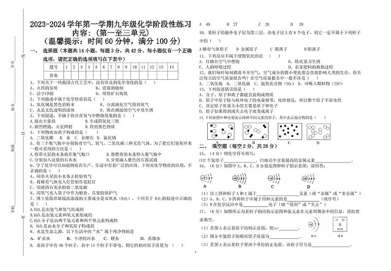 海南省三亚吉阳区和平实验学校2023-2024学年九年级上学期期中考试化学试题第1页